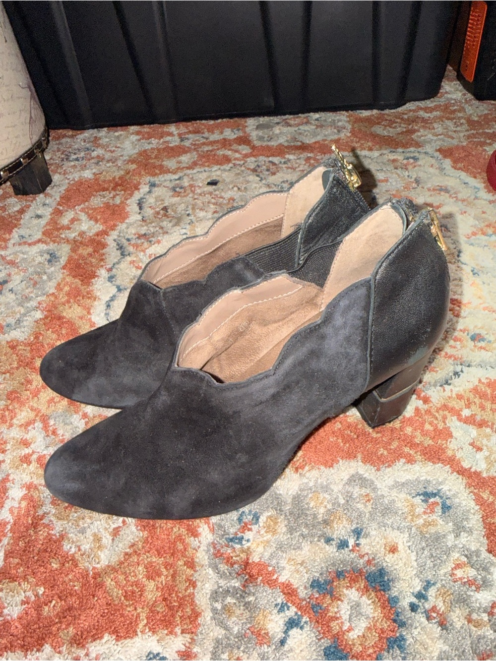 Women’s Black Suede Scalloped Low Block Heel Booties